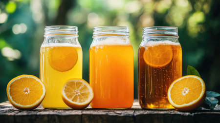 Fermented orange beverages, such as kombucha or water kefir, showcasing the health benefits of probiotics and natural fermentationの素材