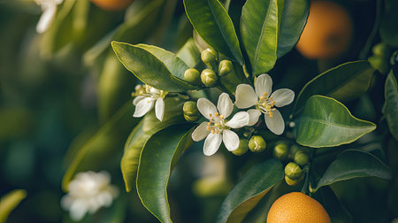 A blooming orange tree in spring, with fragrant blossoms and tiny green fruit beginning to growの素材