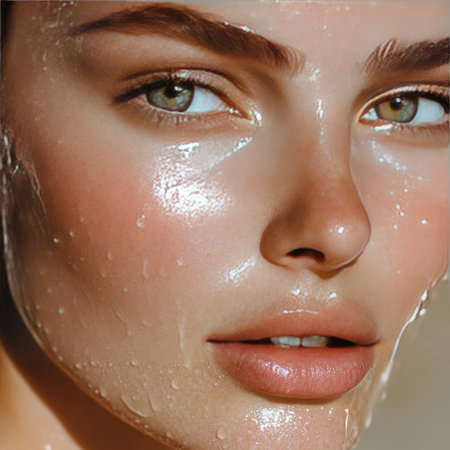 Fresh skin closeup, hydrated and glowing, natural radiance, smooth textureの素材