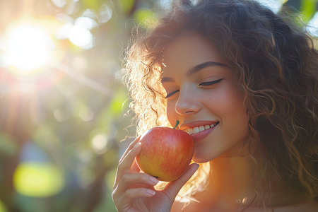 A woman eating fruit on a sunny morning, enjoying a fresh apple, outdoor settingの素材