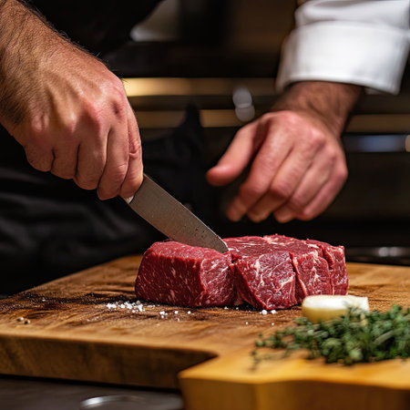 A chef preparing a premium beef cut, showcasing its texture and qualityの素材