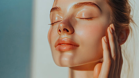 Fresh skin routine, a woman gently massaging moisturizer into her skin, healthy glowの素材