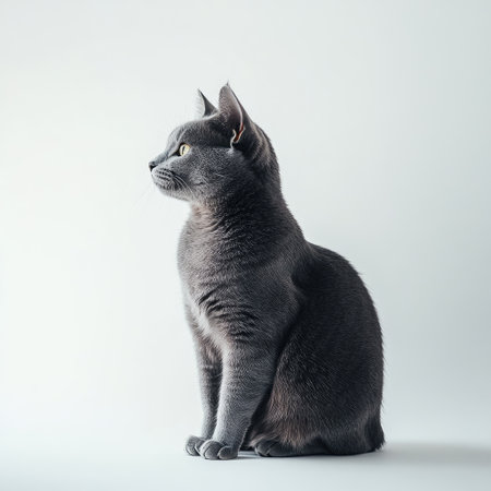 Isolated pet (gray cat) sitting calmly, white background with soft lightingの素材