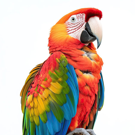 Isolated pet (parrot) on a perch, colorful feathers, white backgroundの素材