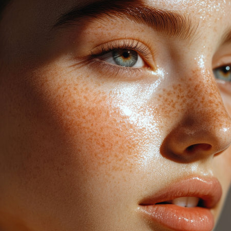 A closeup of a woman face with fresh skin, flawless and glowing after skincare routineの素材