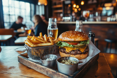Eating a burger and fries at a casual restaurant, fun and lively settingの素材