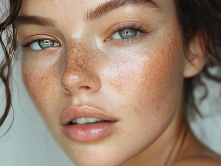 Fresh skin with healthy glow, no makeup, soft and dewy texture, natural beautyの素材
