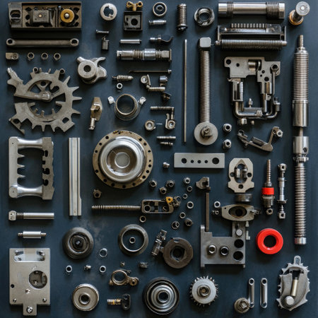 Machine parts arranged neatly, showcasing mechanical precision and detailの素材