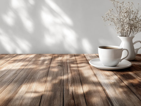 Copy space on wooden flooring, simple yet warm, perfect for home decor or product shotsの素材