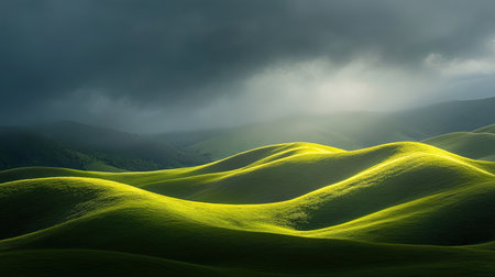 Rolling hills illuminated by sunlight breaking through the clouds, highlighting the curves of the landの素材