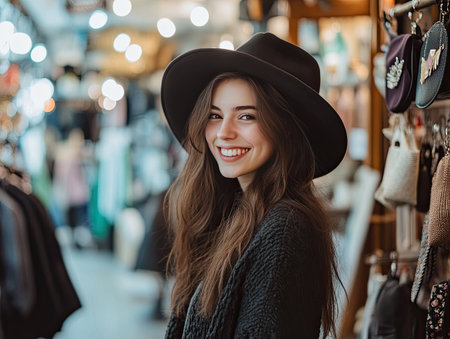 Woman shopping in an upscale store, trying on accessories and smilingの素材