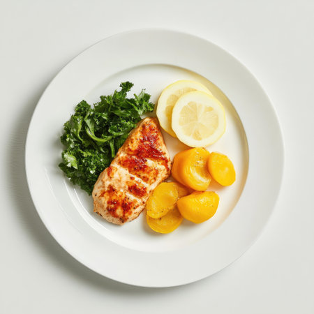 White plate with a full meal, minimalistic design on a clean backgroundの素材