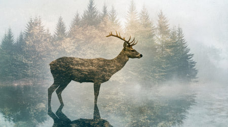 Double exposure of an animal and trees, a deer blending into a forest scene, natural and peacefulの素材