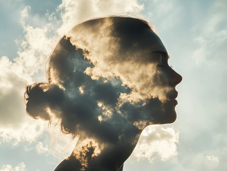Double exposure of a person with the sky, clouds and sunlight merging into the figureの素材