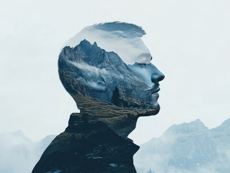 Double exposure of a man and mountains, nature merging into his outline, representing strengthの素材