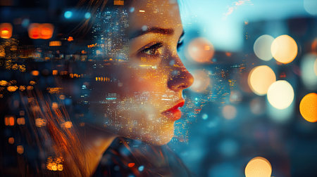 Double exposure photography with city lights and a portrait, blending urban energy with emotionの素材