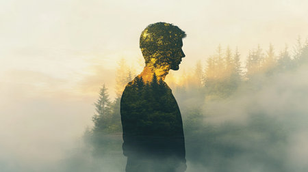 Double exposure with a forest and a person, trees and mist blending into the figure, creating depthの素材