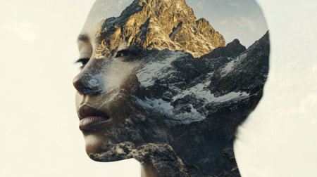 Double exposure portrait with a mountain range blending into the contours of a face, serene and powerfulの素材