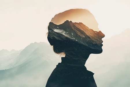Double exposure landscape with mountains fading into a person's profile, creating a serene effectの素材