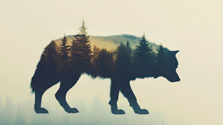 Double exposure of an animal and nature, a wolf with a forest merging into its silhouetteの素材