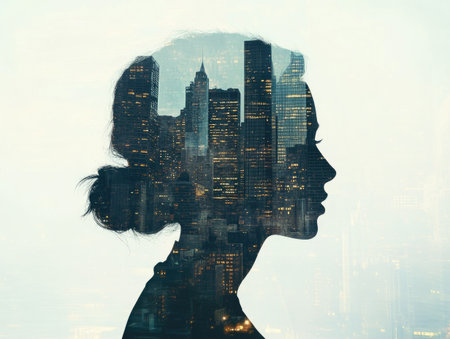 Double exposure cityscape with a silhouette of a person, skyscrapers blending into the figureの素材