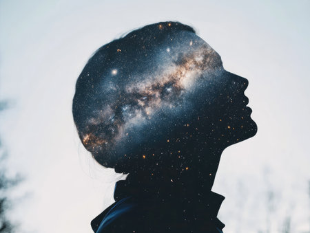 Double exposure of a person and the night sky, stars and galaxies blending into the figureの素材
