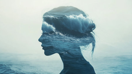 Double exposure of a woman and the ocean, waves merging into her silhouette, creating a serene effectの素材