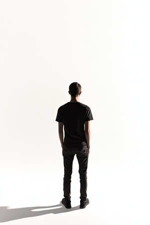 Isolated person standing on a white background, minimal shadows, full body shotの素材
