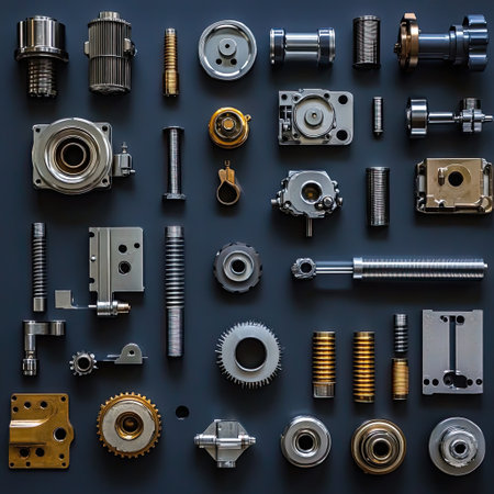 Machine parts arranged neatly, showcasing mechanical precision and detailの素材