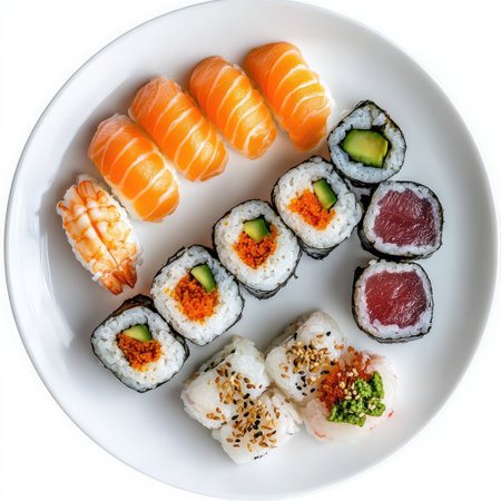 Plate of sushi on a clean white plate, vibrant colors and textures, isolatedの素材