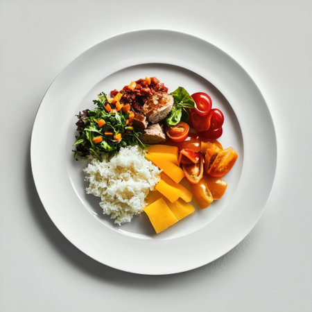 White plate with a full meal, minimalistic design on a clean backgroundの素材