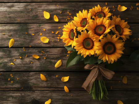 A bouquet of sunflowers tied with a rustic ribbon, lying on a wooden table with delicate petals falling softly around it.の素材