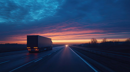 Driving on the highway at sunrise, the road stretching out in front with a beautiful morning skyの素材