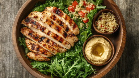 A balanced meal of grilled chicken, quinoa, steamed greens, and a side of hummus, promoting clean and nutritious eating habits.の素材