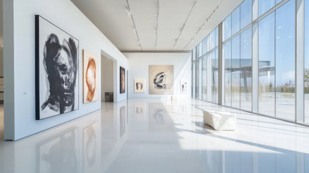 A contemporary gallery space with smooth white floors, large art pieces on the walls, and bright, natural light flooding the room.の素材