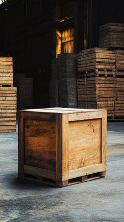 A blank wooden crate sitting on the ground in an industrial warehouse, surrounded by stacks of similar crates.の素材