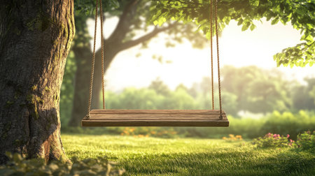 A blank wooden swing hanging from a large tree, gently swaying with a serene garden scene in the background.の素材