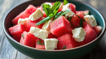 A refreshing watermelon and feta salad with mint leaves, perfect for a light vegetarian summer meal.の素材