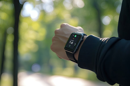 Wearable technology being used in fitness, a person running with a smartwatch tracking their progressの素材