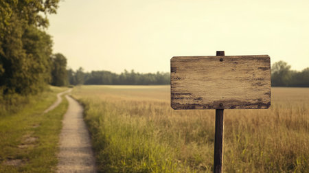 A rustic, blank wooden sign mounted on a metal pole along a country road, with fields and trees in the background.の素材