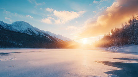 a breathtaking piece of winter photography capturing the beauty of snow-covered mountains and a frozen lake at sunrise.の素材