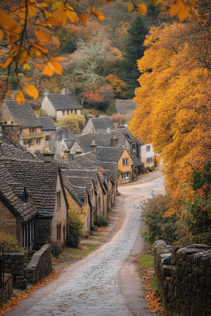 A picturesque countryside village in autumn, with quaint houses surrounded by golden trees, and a cobblestone road leading into the distanceの素材
