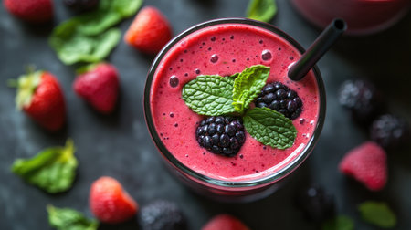 A vibrant smoothie made with berries, spinach, and almond milk, poured into a glass and garnished with fresh mint, symbolizing a nutritious drink.の素材