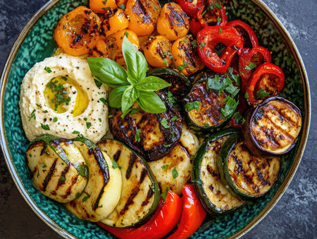 A vibrant plate of grilled vegetables, including bell peppers, zucchini, and eggplant, served with a side of hummus.の素材