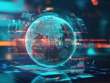 A futuristic digital globe surrounded by holographic charts and data, symbolizing global data networks and digital transformation.の素材