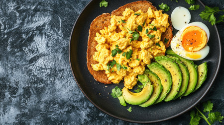 A healthy, nutritious breakfast of scrambled eggs, avocado slices, and whole-grain toast, offering a well-balanced start to the day.の素材