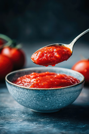 A spoonful of rich tomato pur hovering above a bowl, showing the perfect balance between thickness and smoothness.の素材