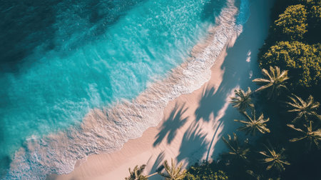 a beautiful tropical island beach from a top view, with turquoise water, white sand, and palm trees casting long shadows on the shoreの素材