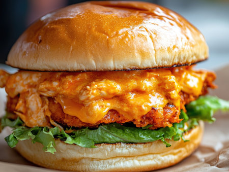 Close-up shot of a juicy Buffalo chicken sandwich, with spicy chicken, melted cheese, and crispy lettuce, all packed between a toasted brioche bun.の素材