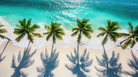 a beautiful tropical island beach from a top view, with turquoise water, white sand, and palm trees casting long shadows on the shoreの素材
